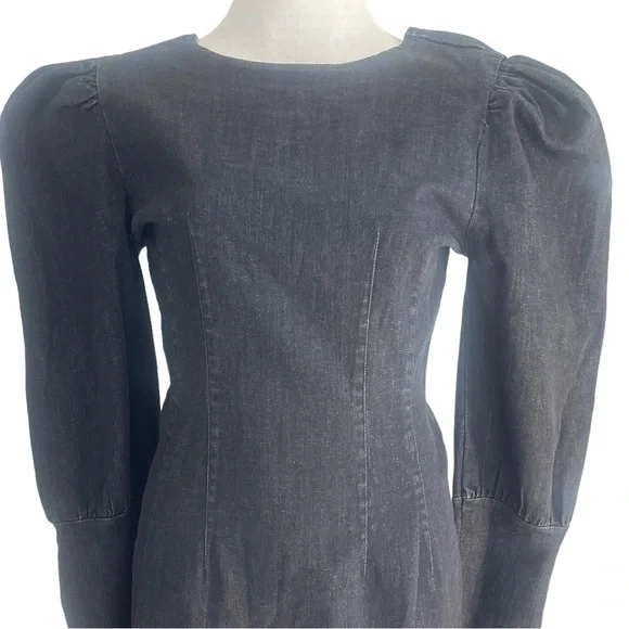 TOPSHOP SEAMED DENIM IN WASHED BLACK ROUND NECK PUFF SHOULDER | SIZE UK10 NWT - Picture 5 of 12